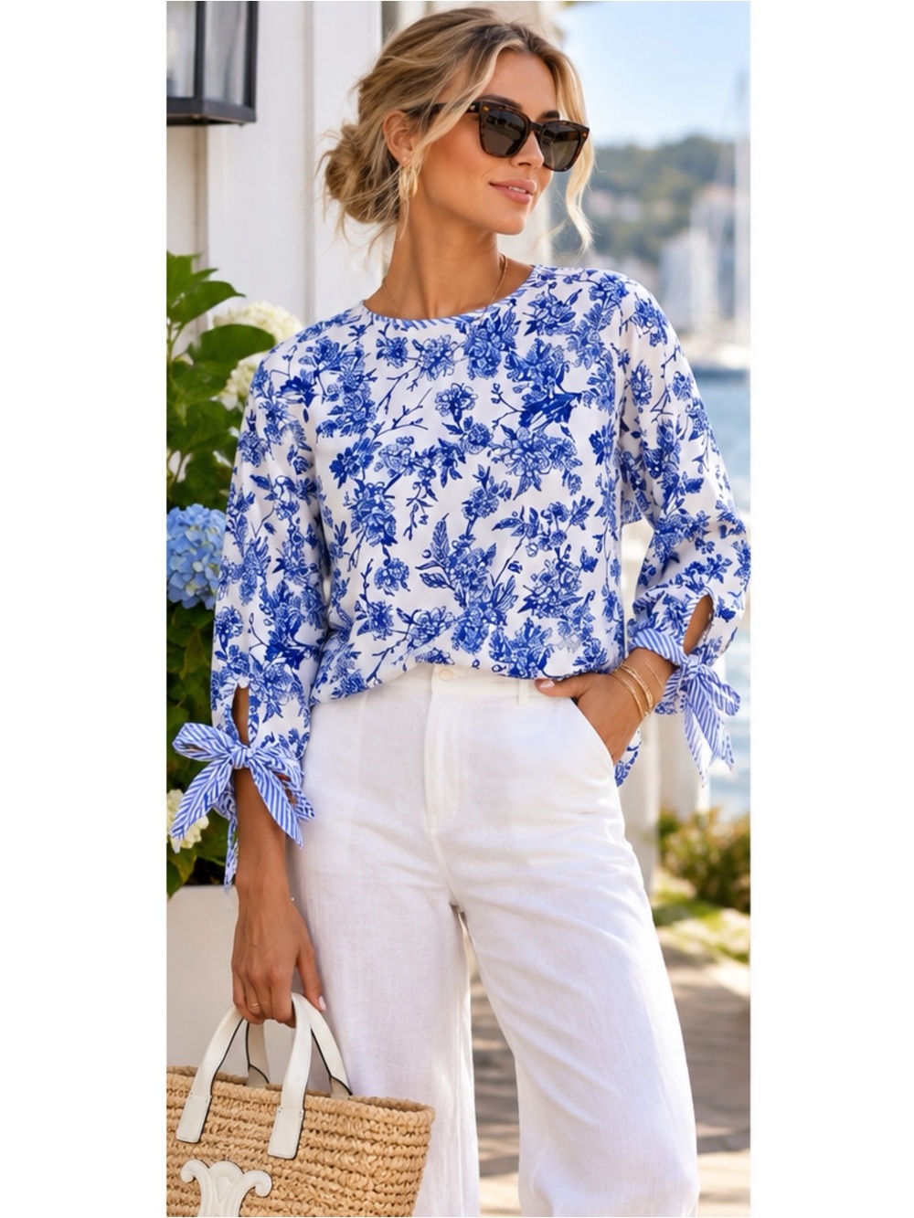 HAPTICS Coastal Chic Vintage Floral Print Blouse Bow Sleeves Navy Ivory WOMENS S